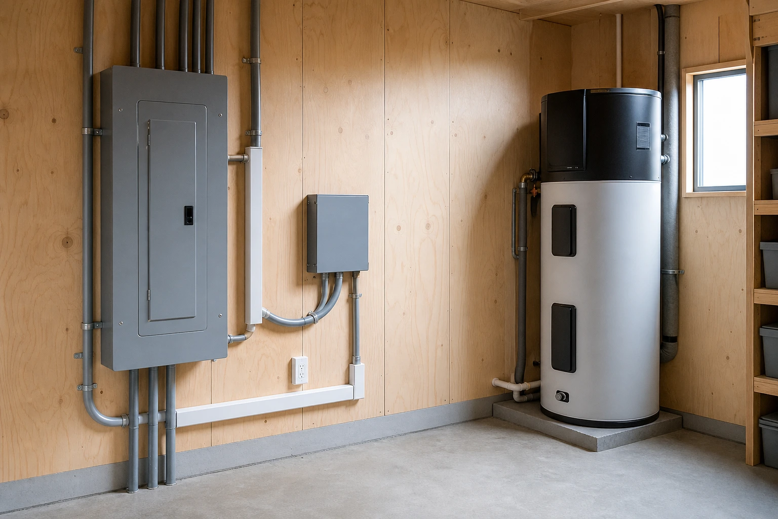 Future-ready Surrey utility room with closed electrical equipment and a heat-pump water heater