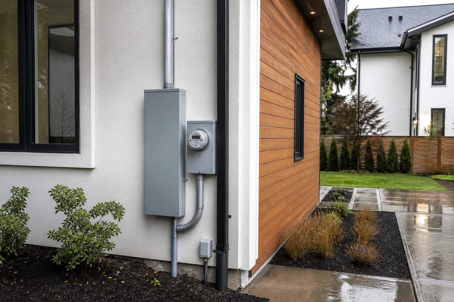 Closed residential electrical service equipment and utility meter on a Surrey home